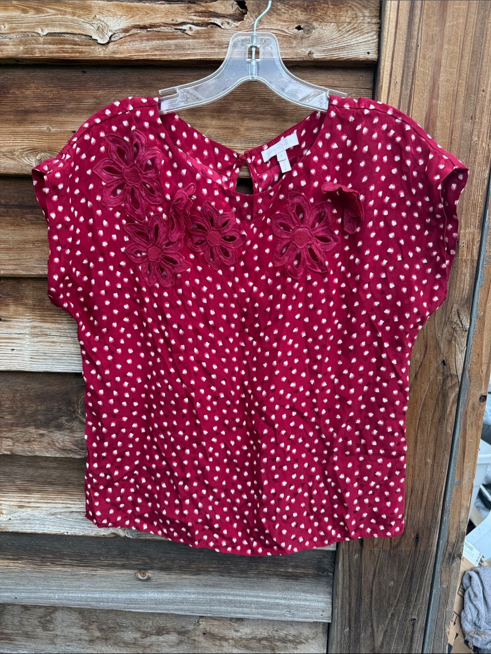 Rebecca Taylor 100% silk polka dot top with flower cutout